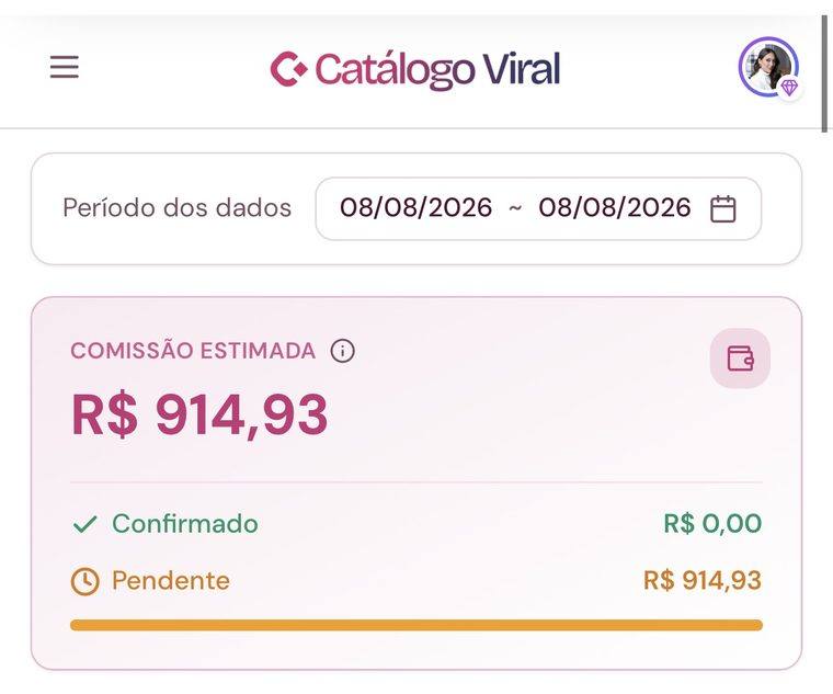 Painel do Catálogo Viral: período 08/08/2026 e R$ 914,93 de comissão estimada